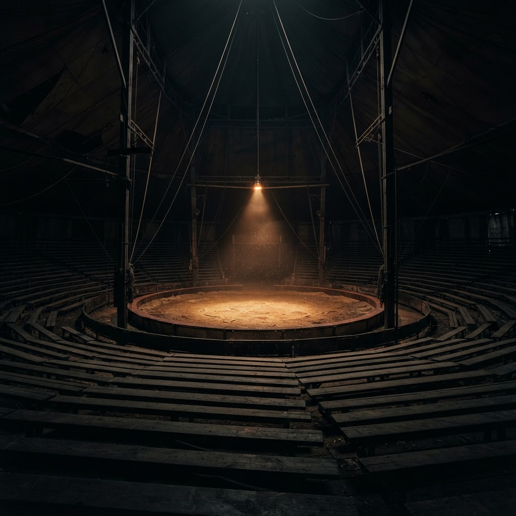 El interior de una carpa de circo abandonada bajo un único foco cálido