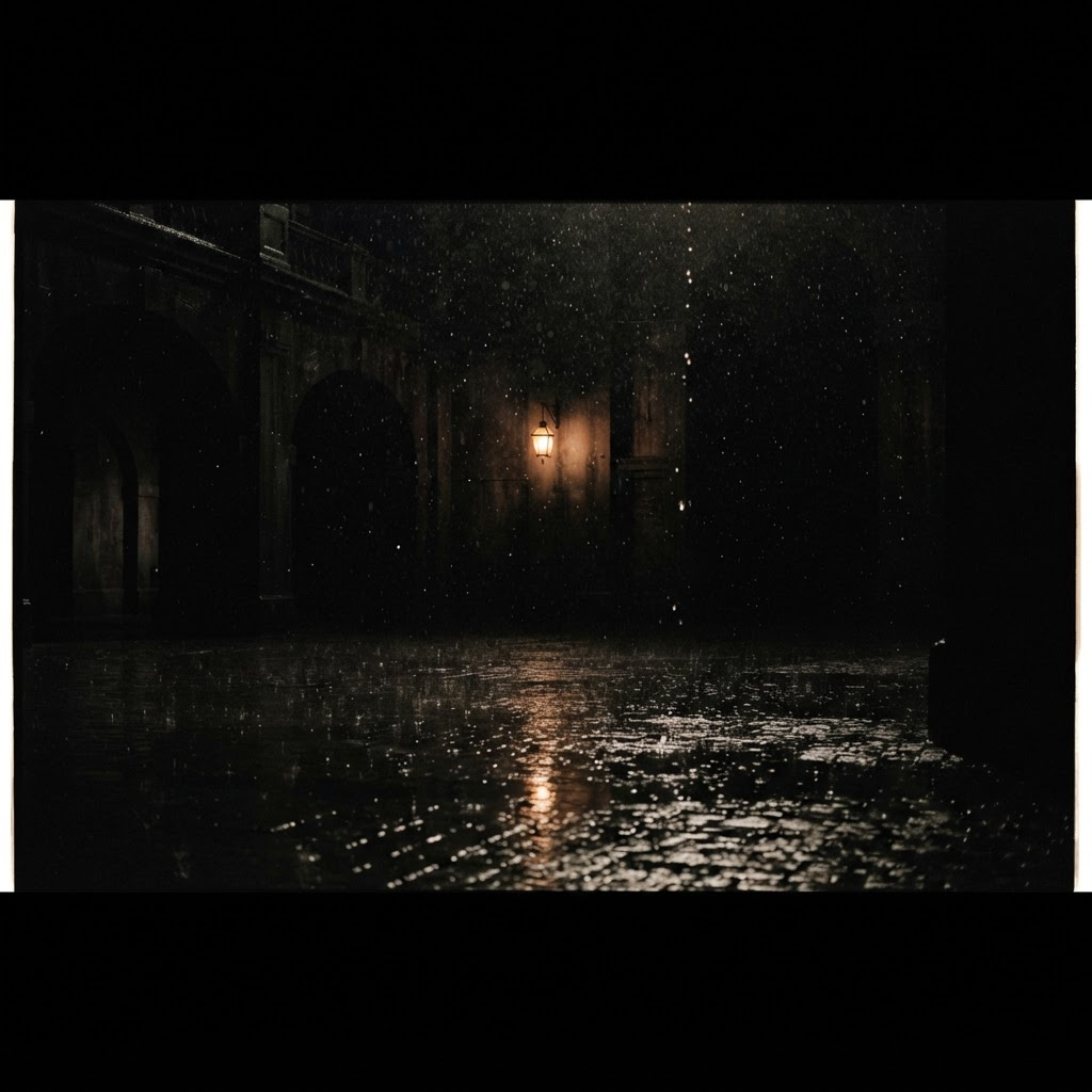 Reflejos cálidos sobre el suelo mojado por la lluvia en la oscuridad